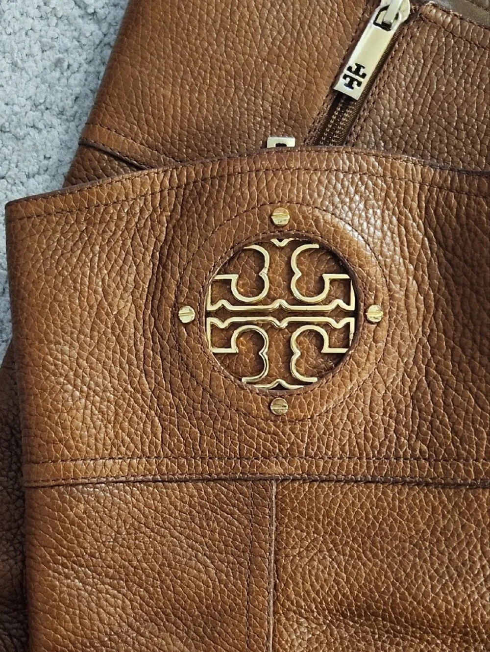 Tory Burch Cognac Leather Knee-High Boots with Gold Logo